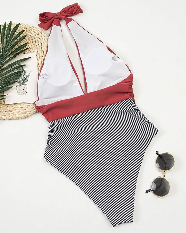 Color Block Patchwork Bikini - Red