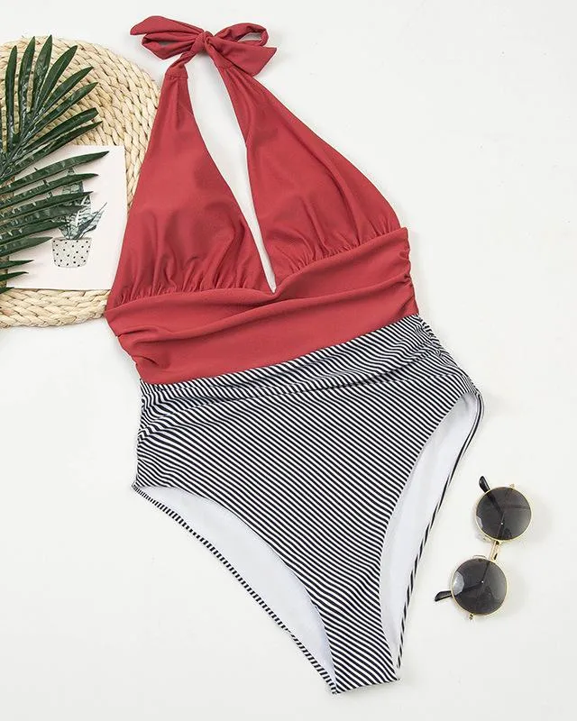 Color Block Patchwork Bikini - Red