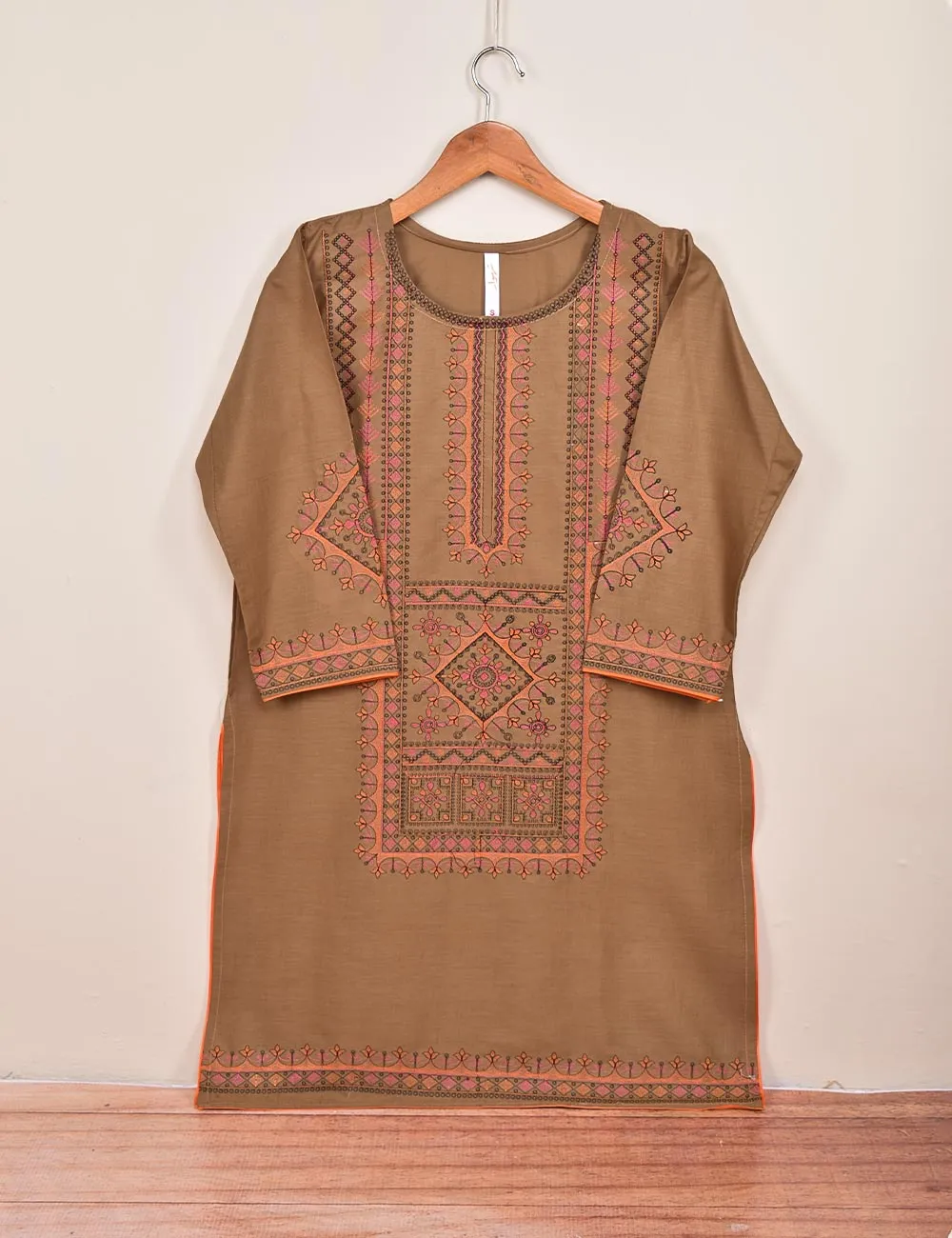 Cotton Embroidered Stitched Kurti - Baad-e-Saba-(TS-088B-Brown)