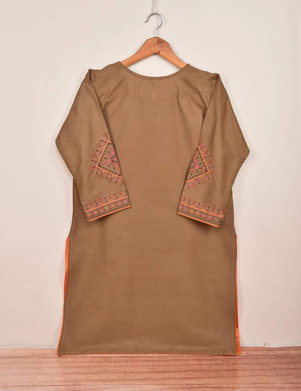 Cotton Embroidered Stitched Kurti - Baad-e-Saba-(TS-088B-Brown)