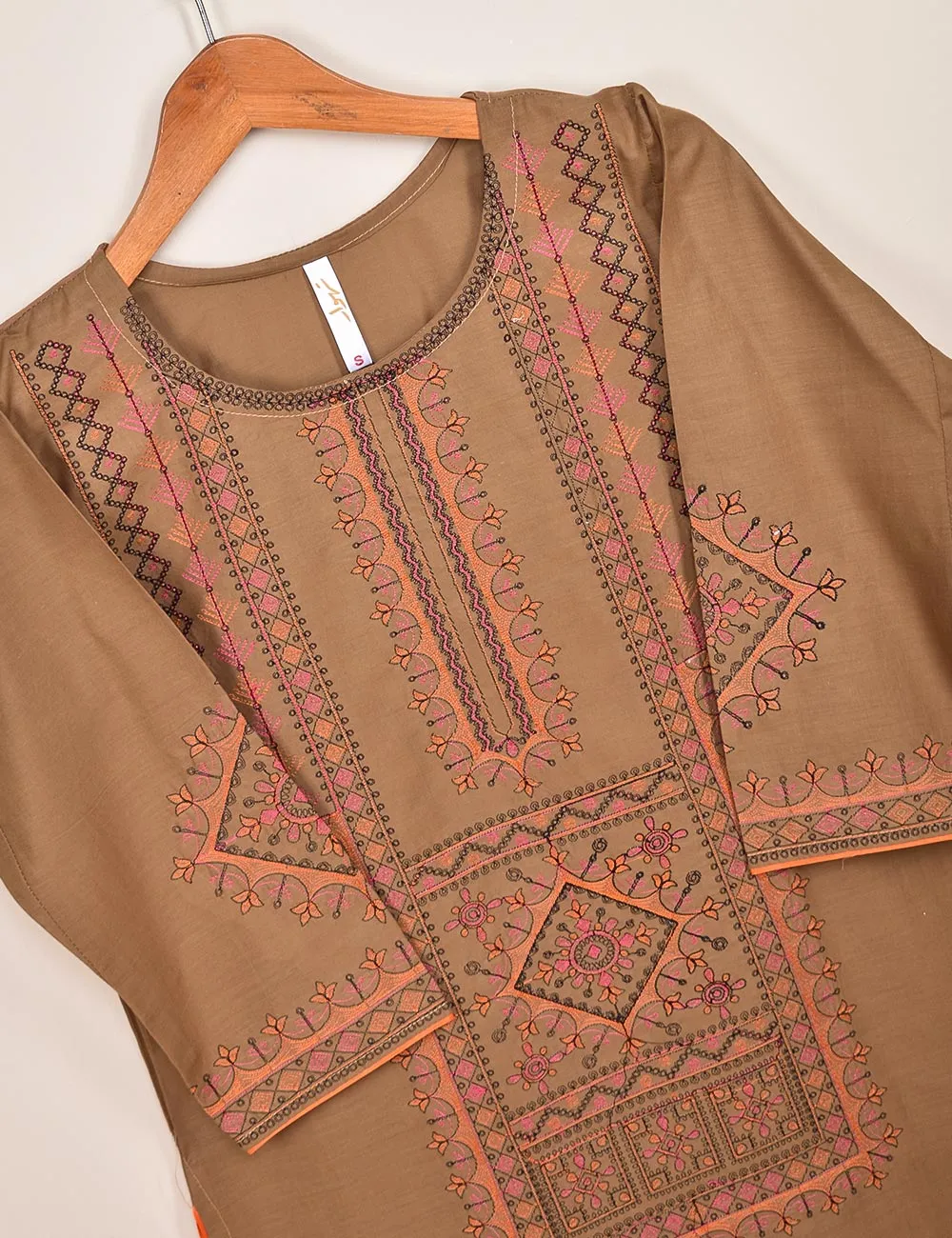 Cotton Embroidered Stitched Kurti - Baad-e-Saba-(TS-088B-Brown)