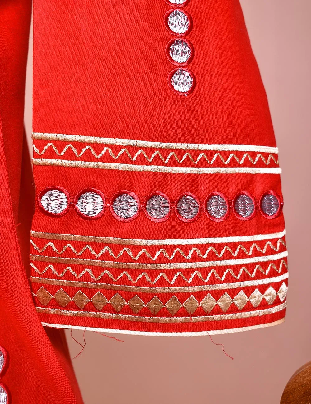 Cotton Embroidered With Net Embroidered Dupatta &amp; Banarsi Silk Trouser - Spirited Away (RTW-14-Red)