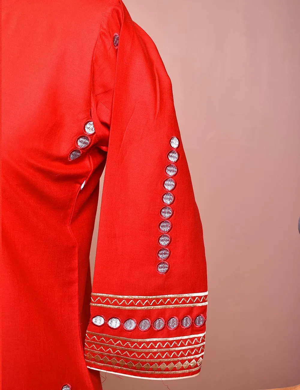 Cotton Embroidered With Net Embroidered Dupatta &amp; Banarsi Silk Trouser - Spirited Away (RTW-14-Red)