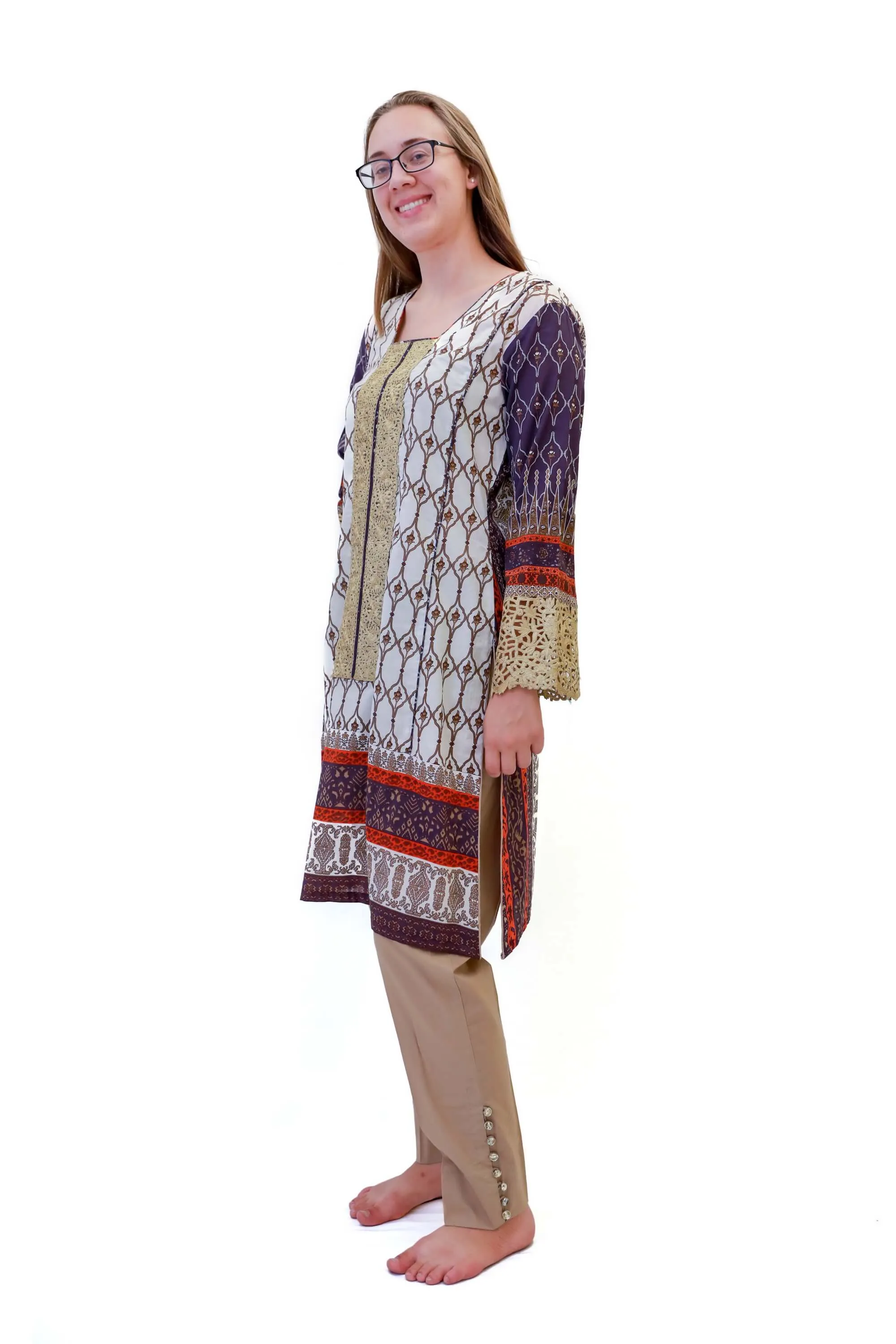 Cotton Purple & Orange Salwar Kameez - Suit