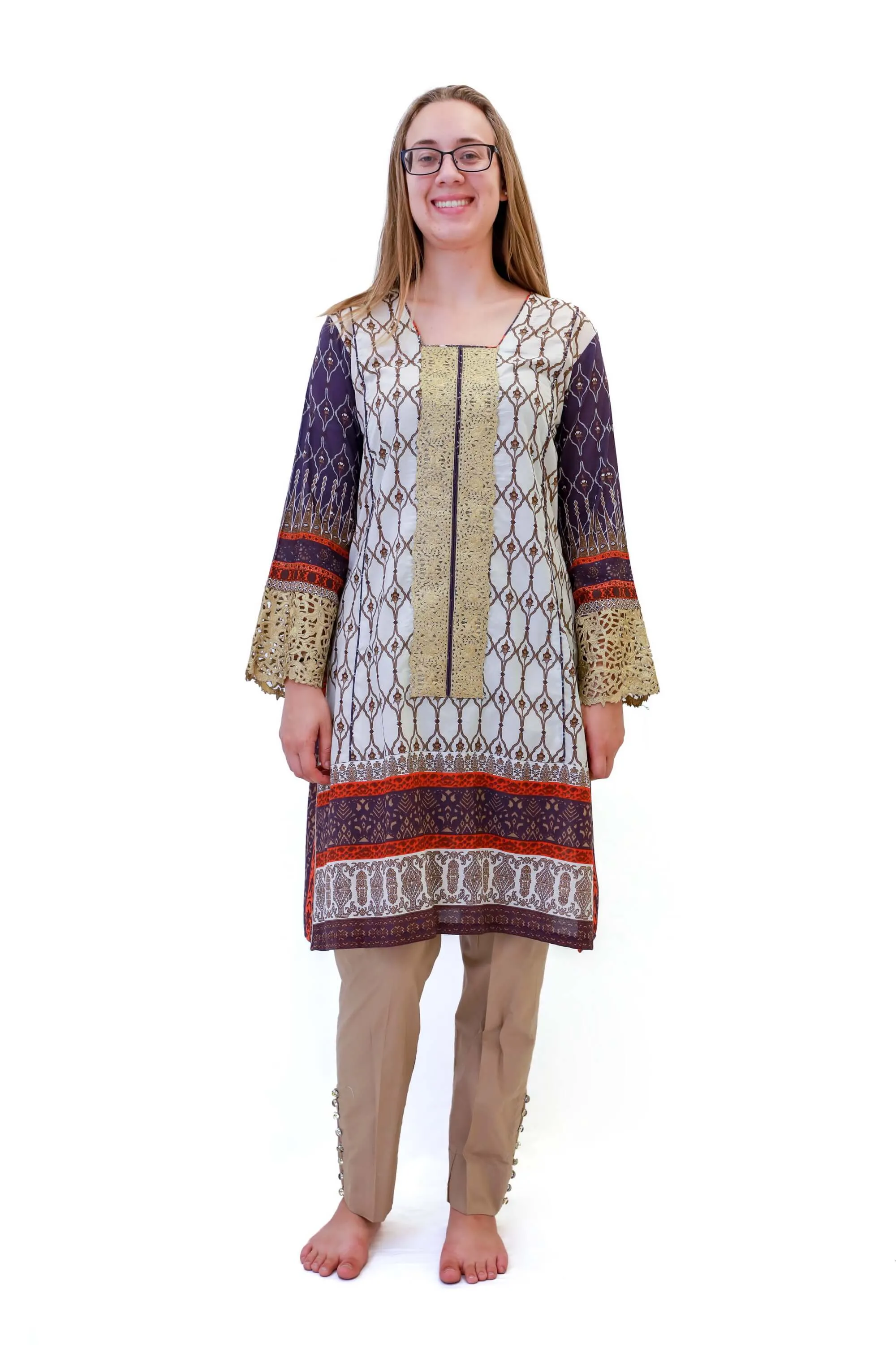 Cotton Purple & Orange Salwar Kameez - Suit
