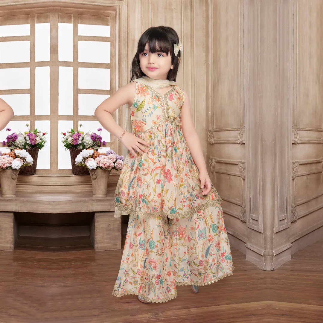 Coveted Cream Peplum Gharara Set Enriched Multi Floral Print