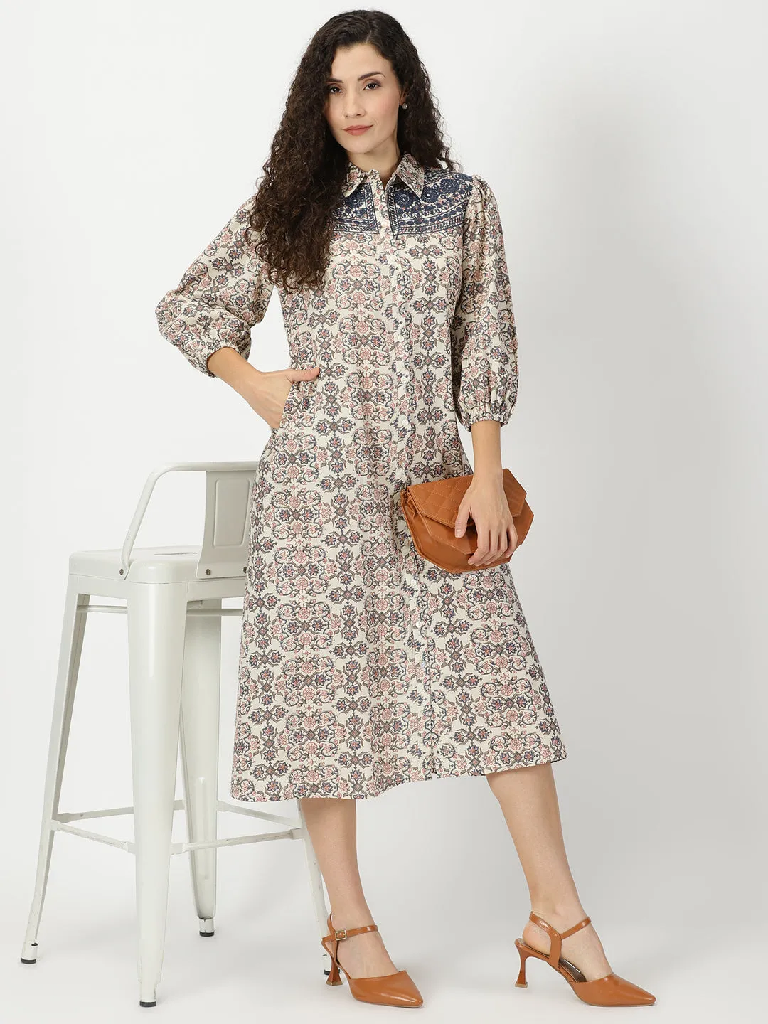 Cream Ethnic Motifs Print Shirt Dress with Yoke Embroidery