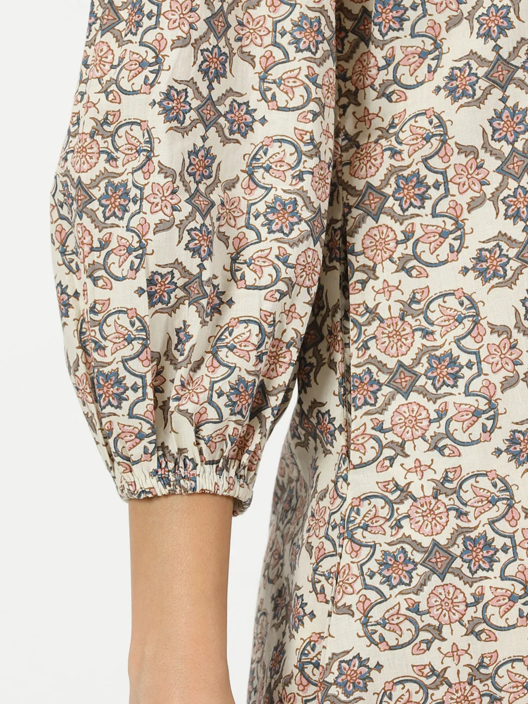 Cream Ethnic Motifs Print Shirt Dress with Yoke Embroidery