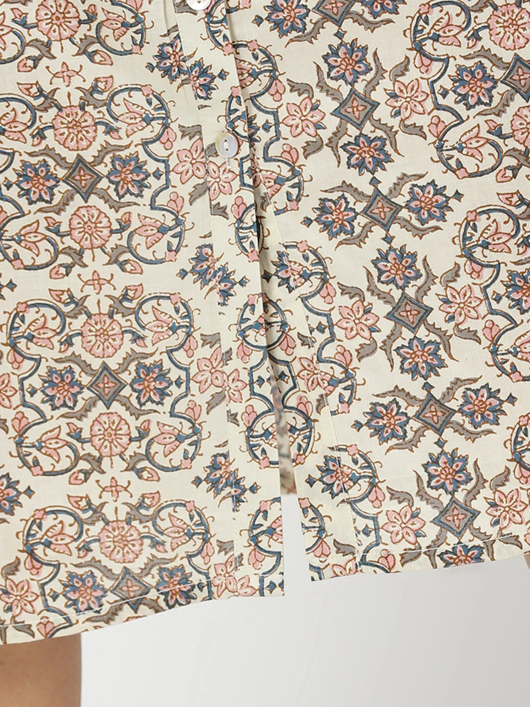 Cream Ethnic Motifs Print Shirt Dress with Yoke Embroidery