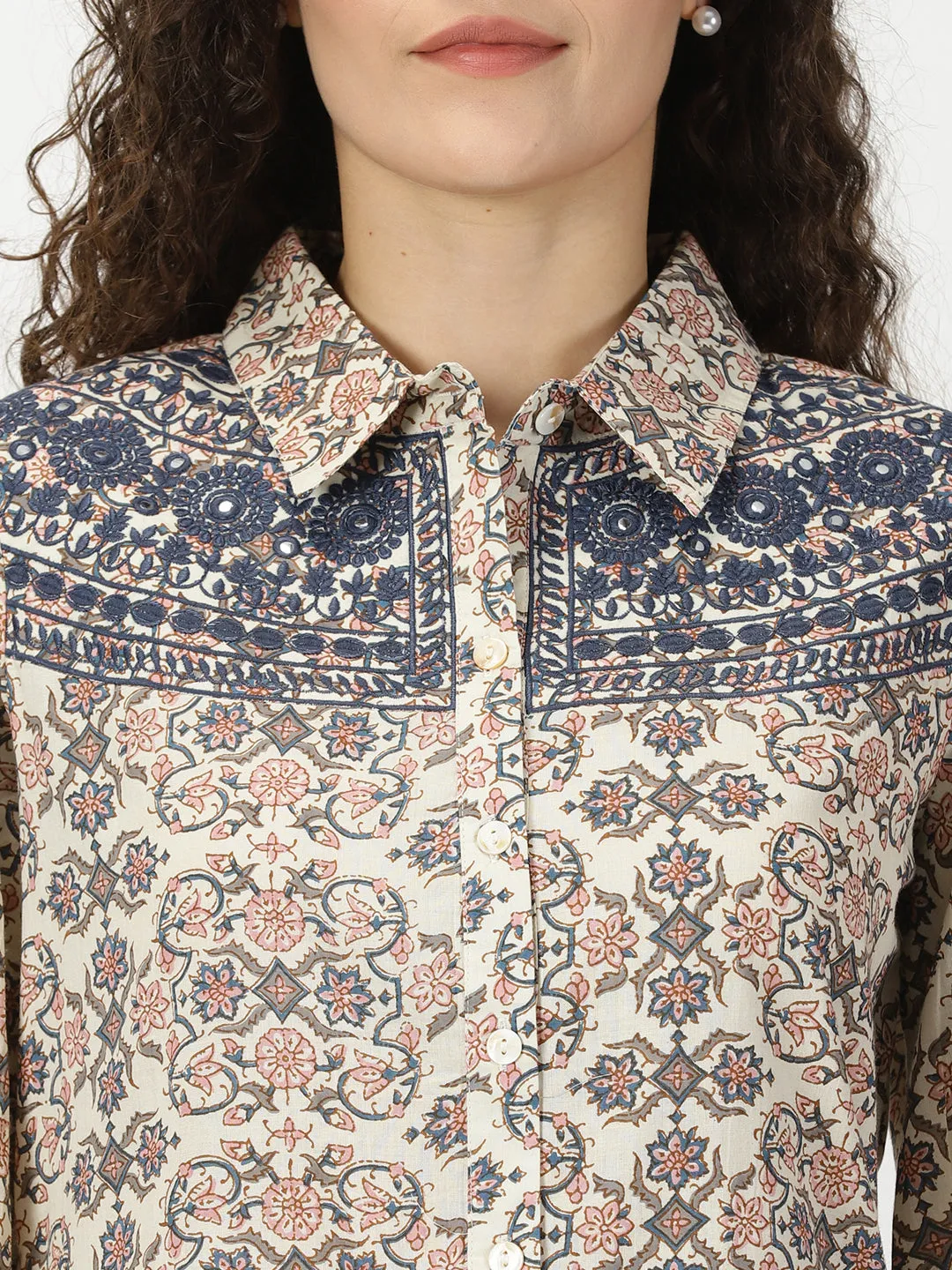 Cream Ethnic Motifs Print Shirt Dress with Yoke Embroidery