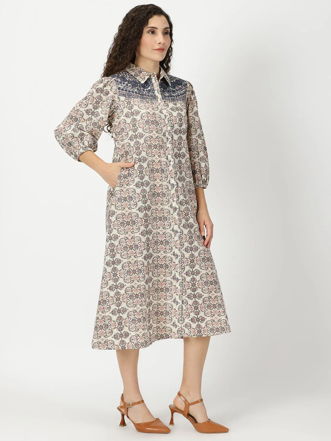 Cream Ethnic Motifs Print Shirt Dress with Yoke Embroidery