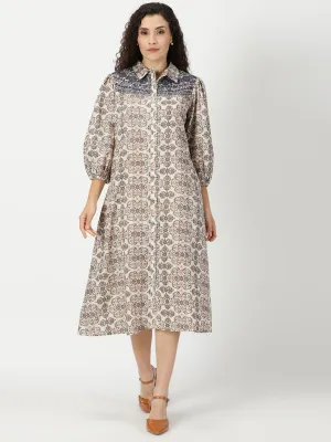 Cream Ethnic Motifs Print Shirt Dress with Yoke Embroidery