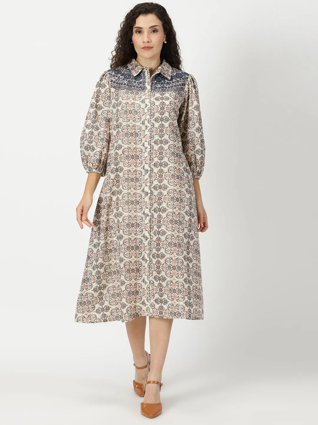 Cream Ethnic Motifs Print Shirt Dress with Yoke Embroidery