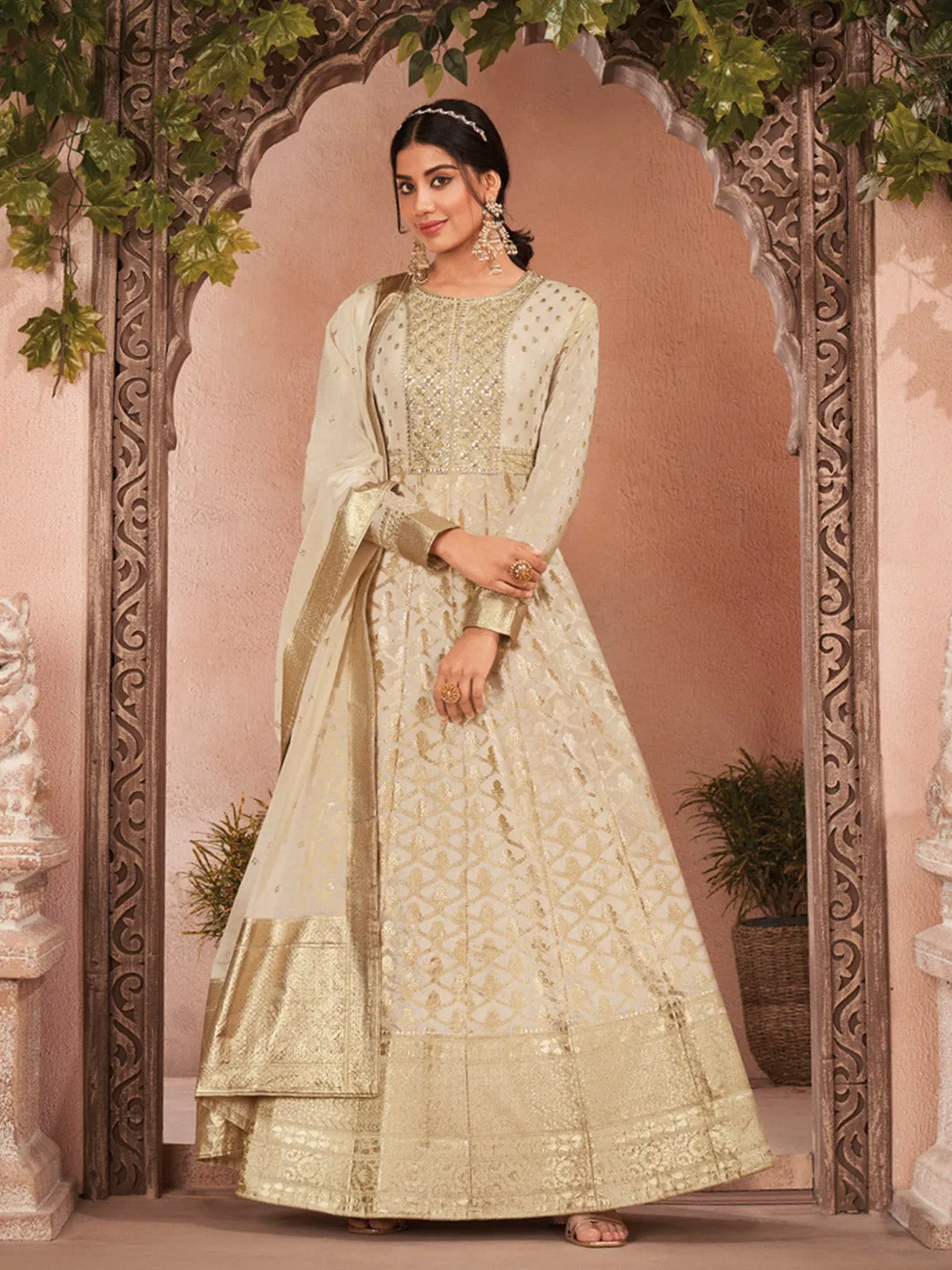 Creamish Gold Anarkali Set in Georgette Banarasi Style Fabric