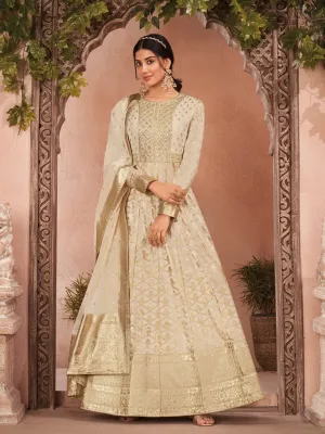 Creamish Gold Anarkali Set in Georgette Banarasi Style Fabric