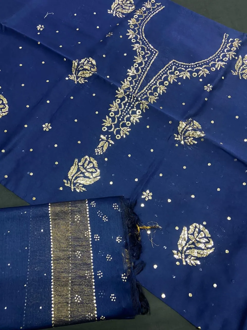 Dark Blue Chanderi Chikankari Silk Kurti And Dupatta