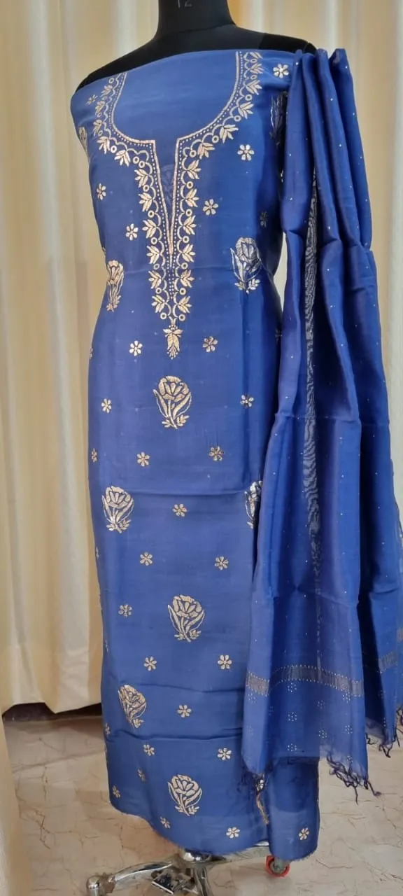 Dark Blue Chanderi Chikankari Silk Kurti And Dupatta