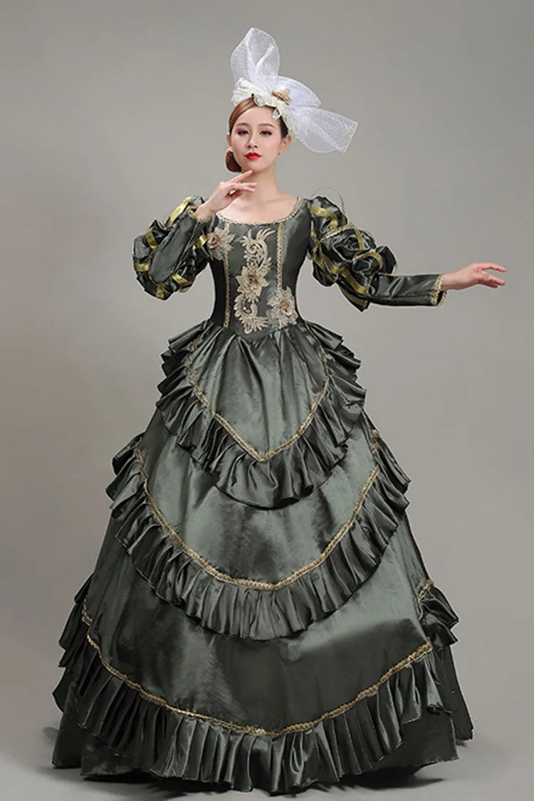 Dark Gray Court Style High Waisted Long Sleeves Floral Print Multi-Layer Victorian Lolita Prom Dress