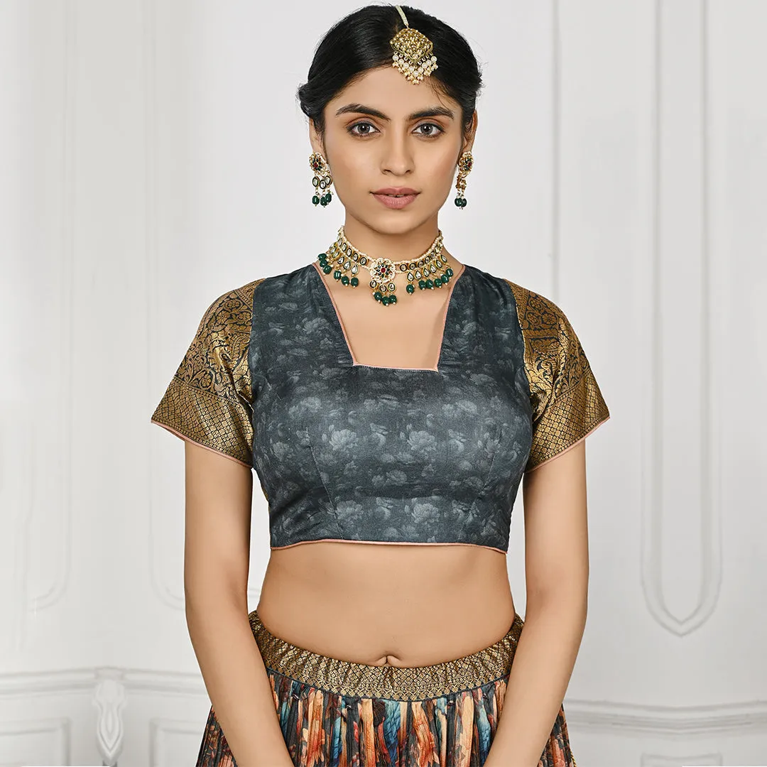Dark Grey and Peach Pleated Lehenga Set