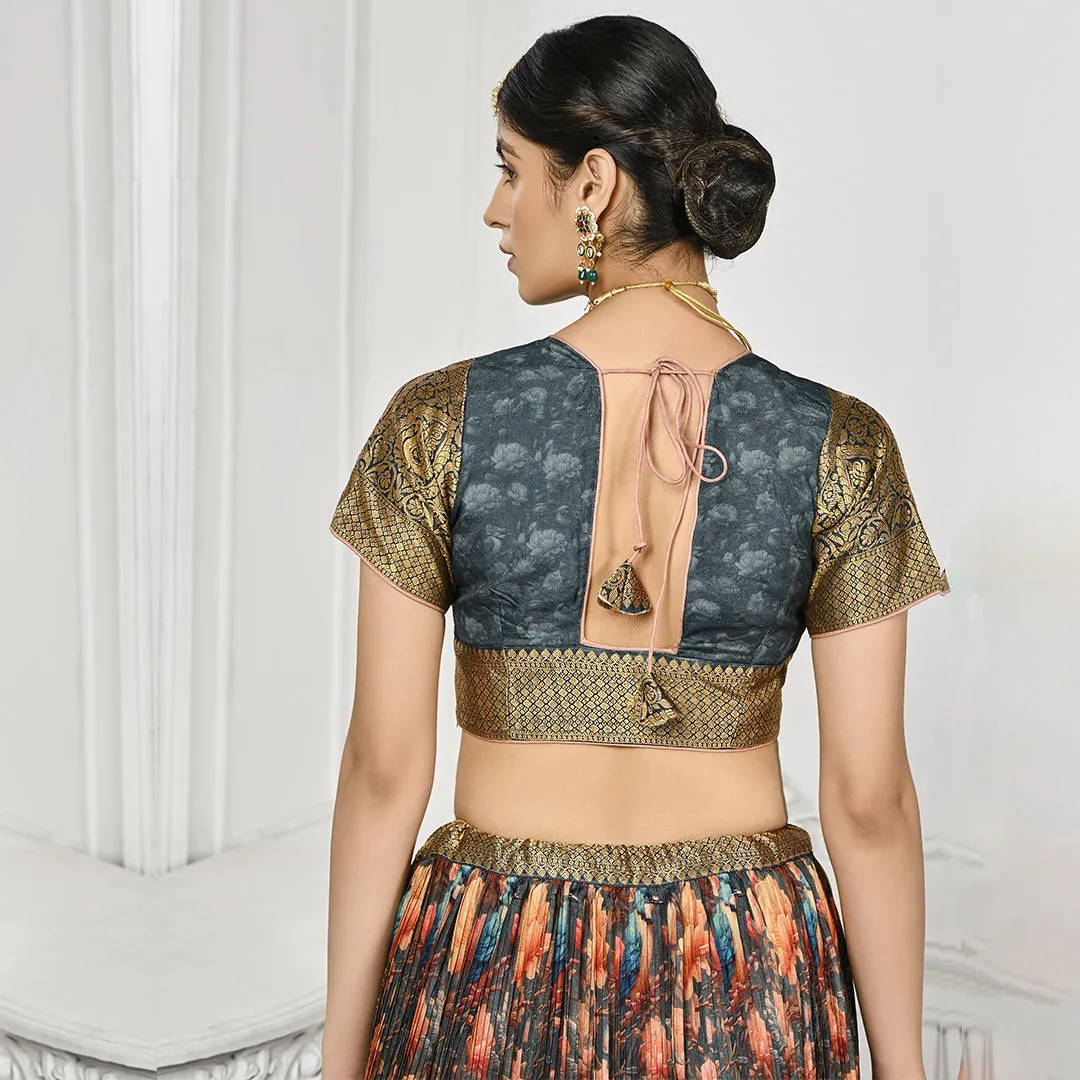 Dark Grey and Peach Pleated Lehenga Set