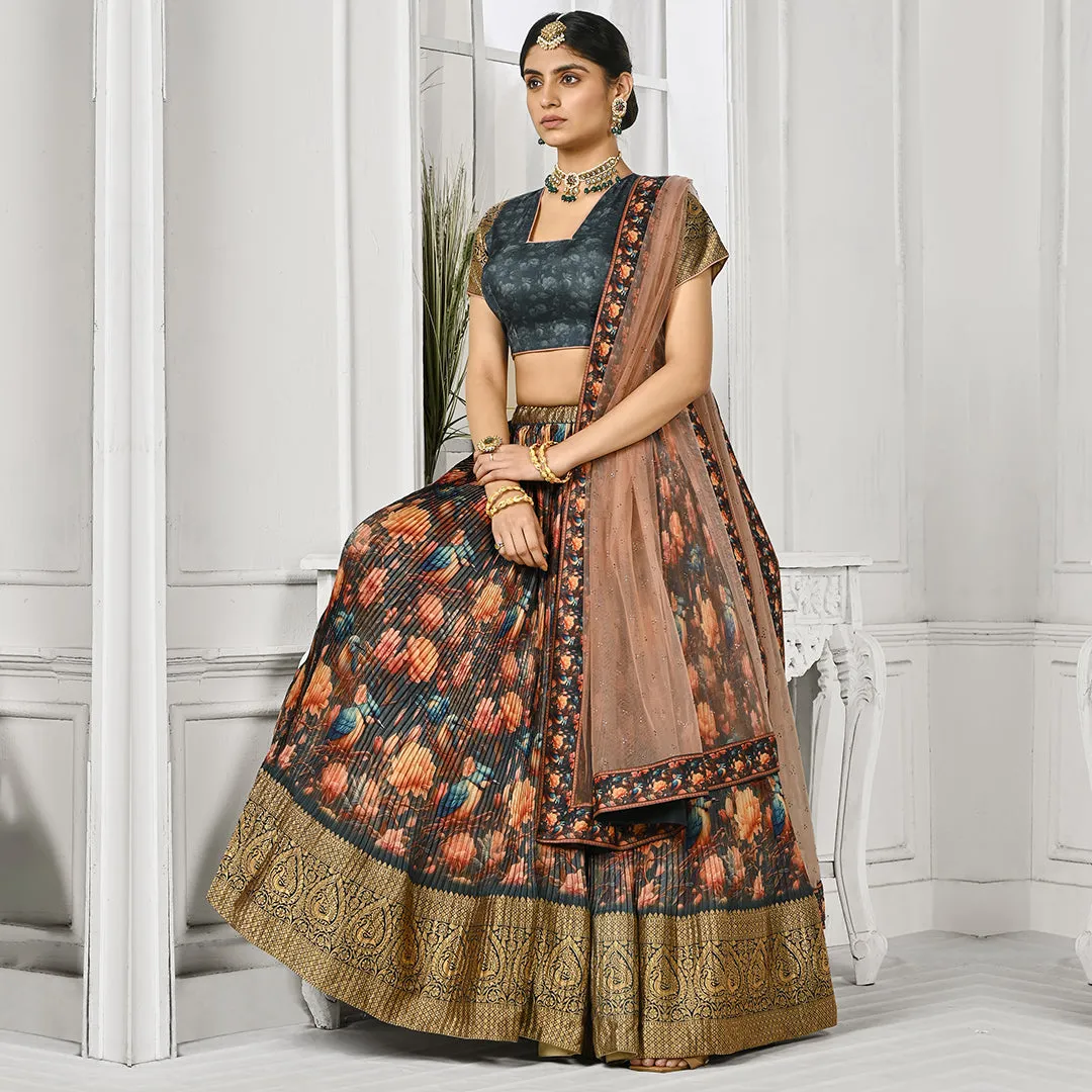 Dark Grey and Peach Pleated Lehenga Set