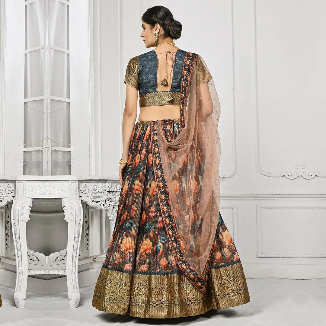 Dark Grey and Peach Pleated Lehenga Set