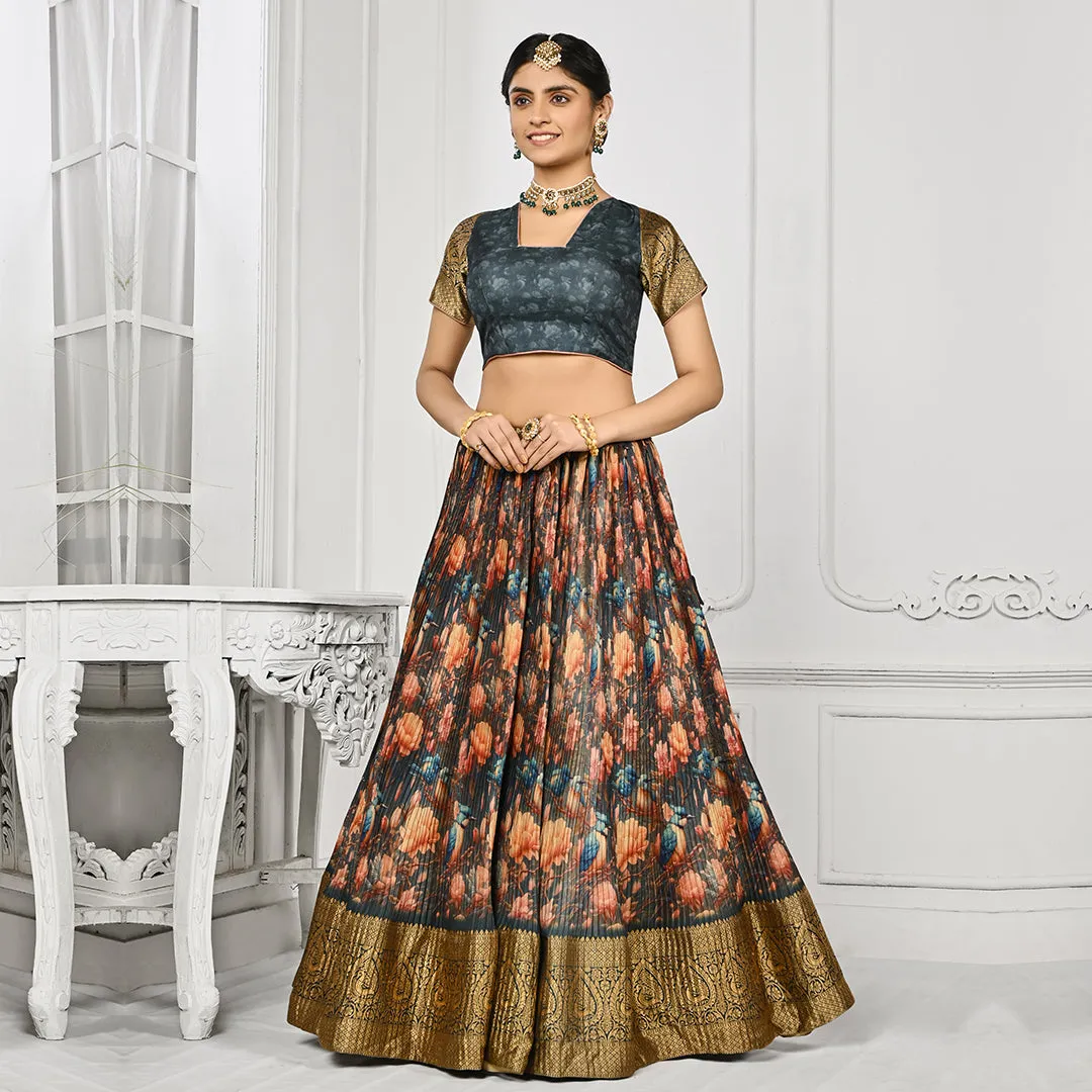 Dark Grey and Peach Pleated Lehenga Set