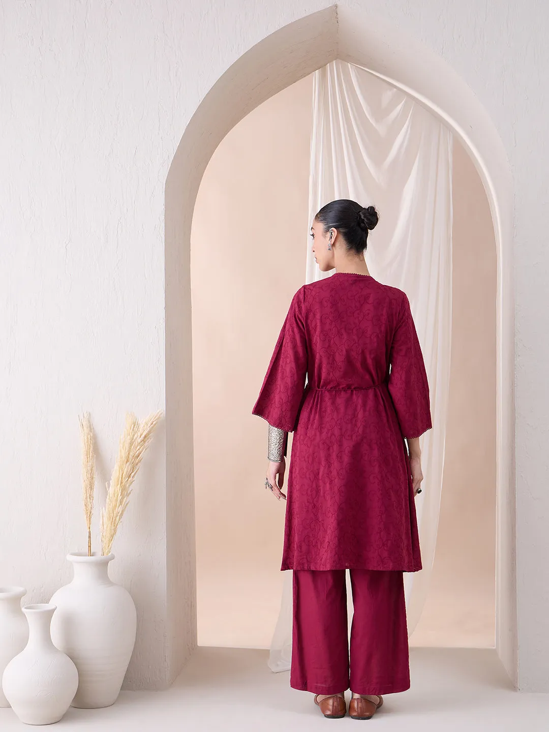 Deep Red Angrakha Cotton Embroidered Kurta With Straight Pant