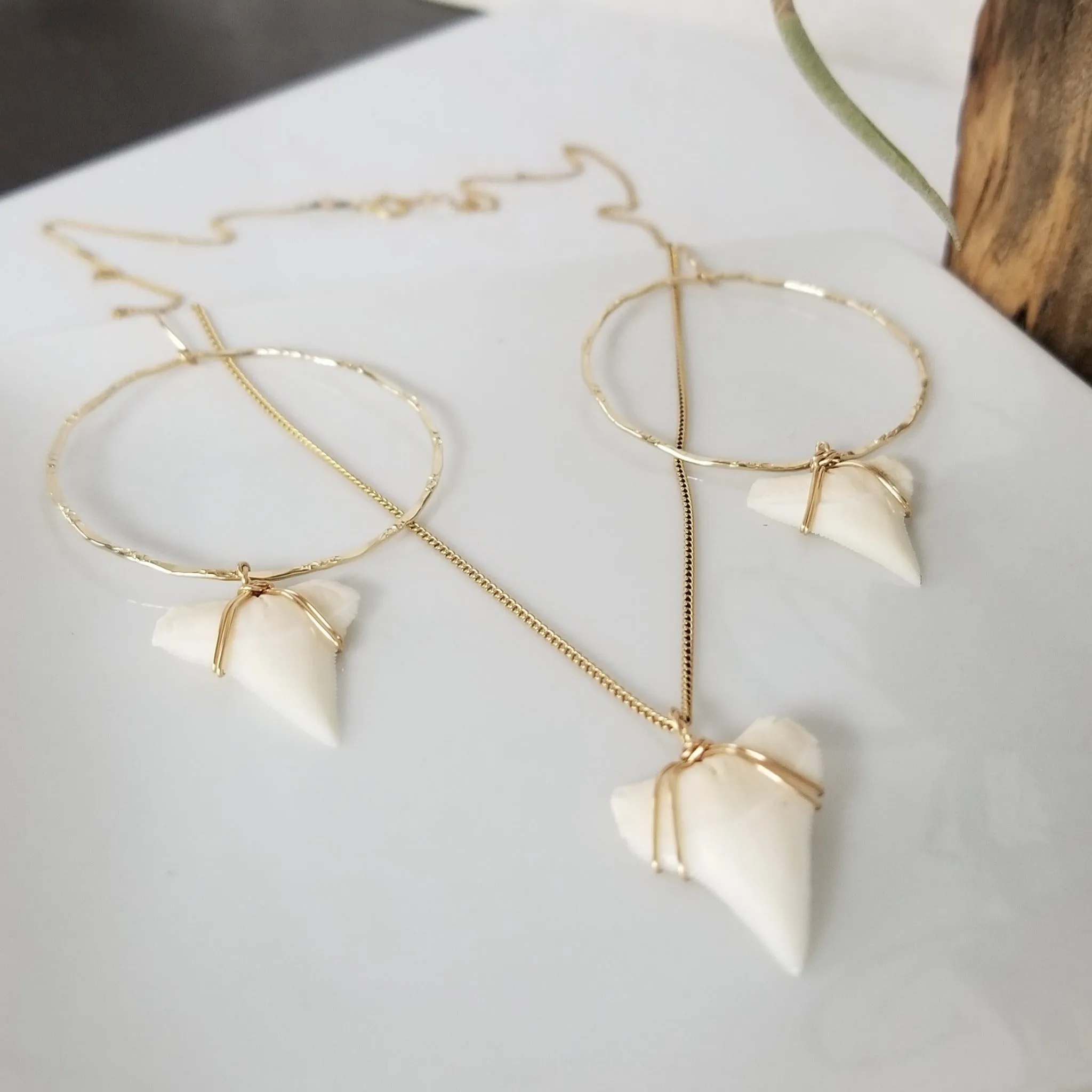 Drop Hoop Shark Tooth Charm Earrings - Sterling or Gold