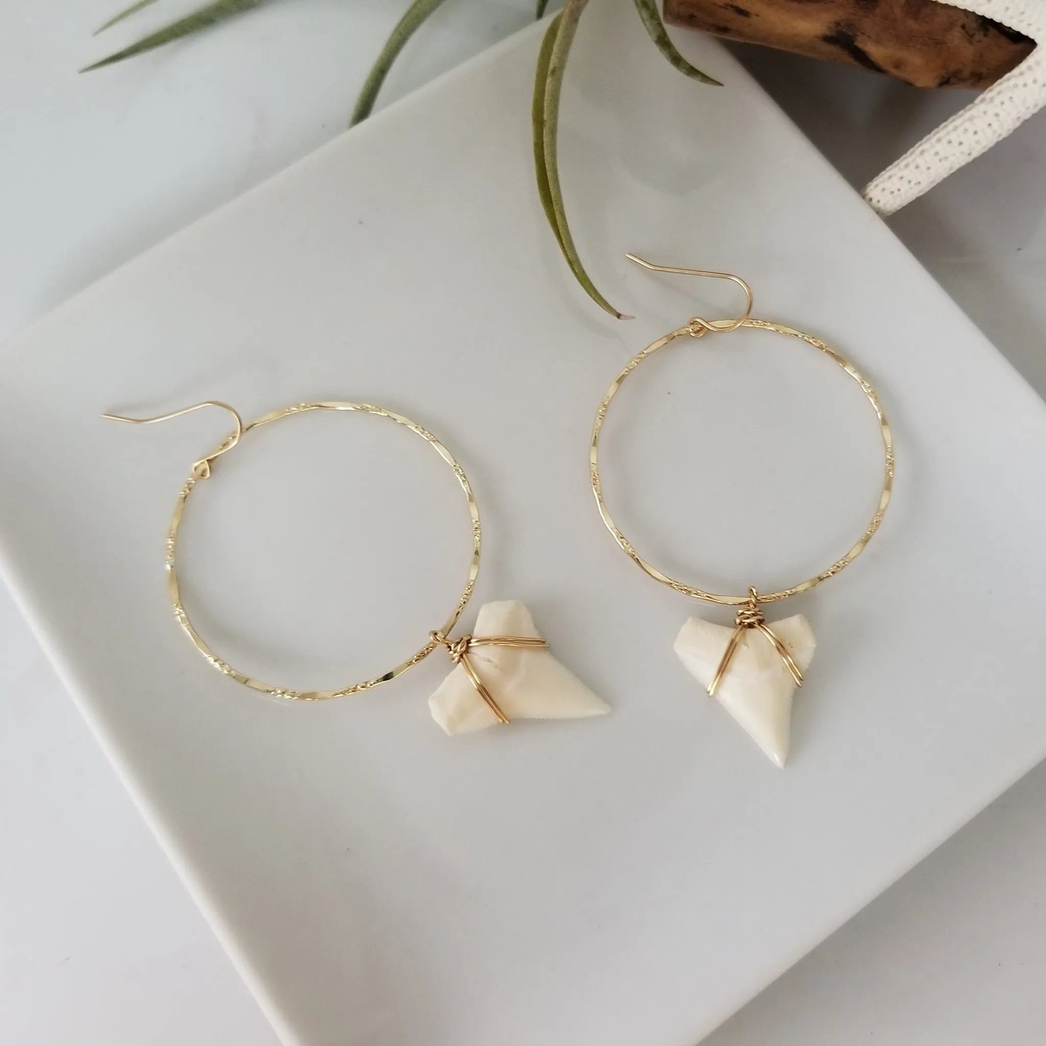 Drop Hoop Shark Tooth Charm Earrings - Sterling or Gold