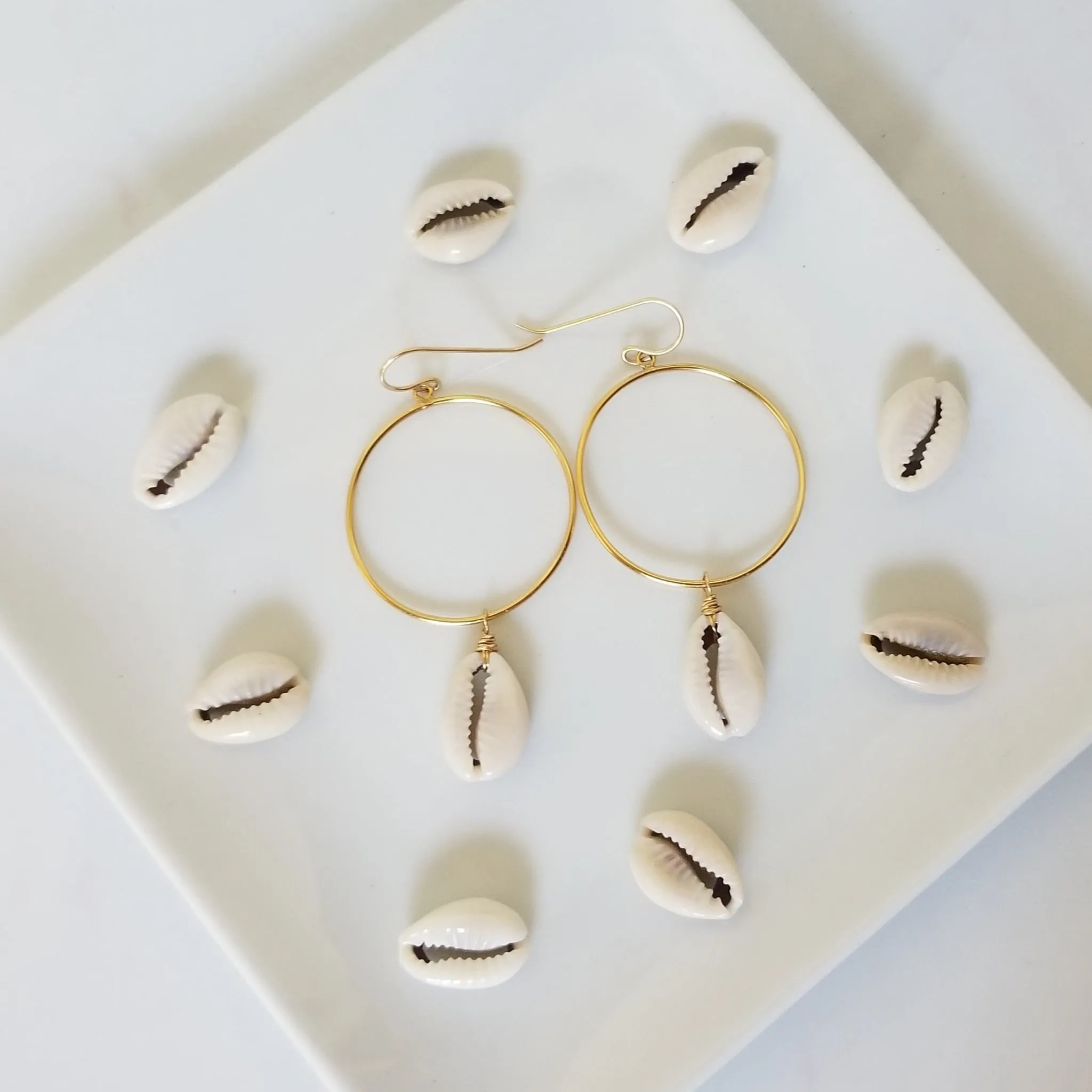 Drop Hoop Shell Charm Earrings - Sterling or Gold