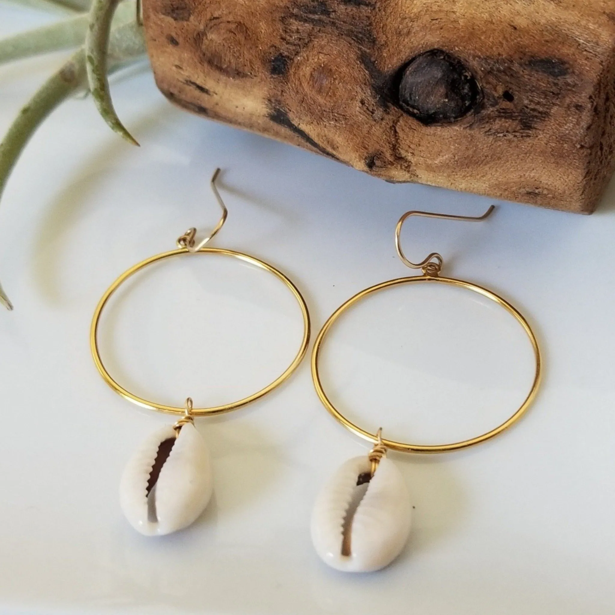 Drop Hoop Shell Charm Earrings - Sterling or Gold