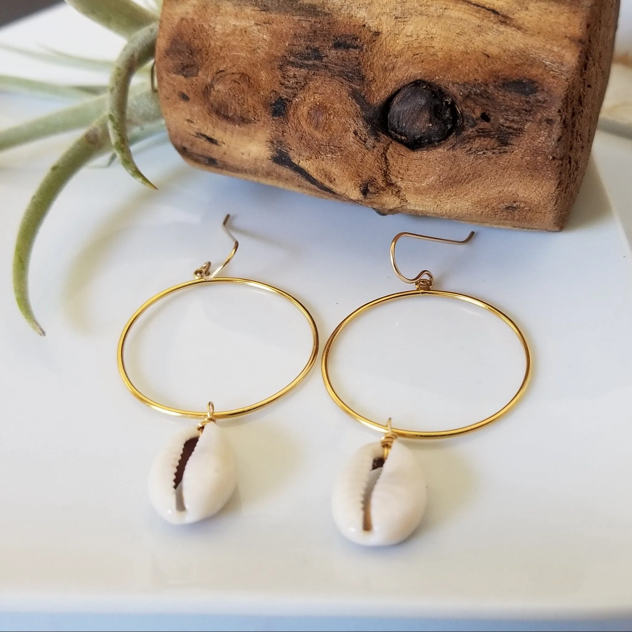 Drop Hoop Shell Charm Earrings - Sterling or Gold