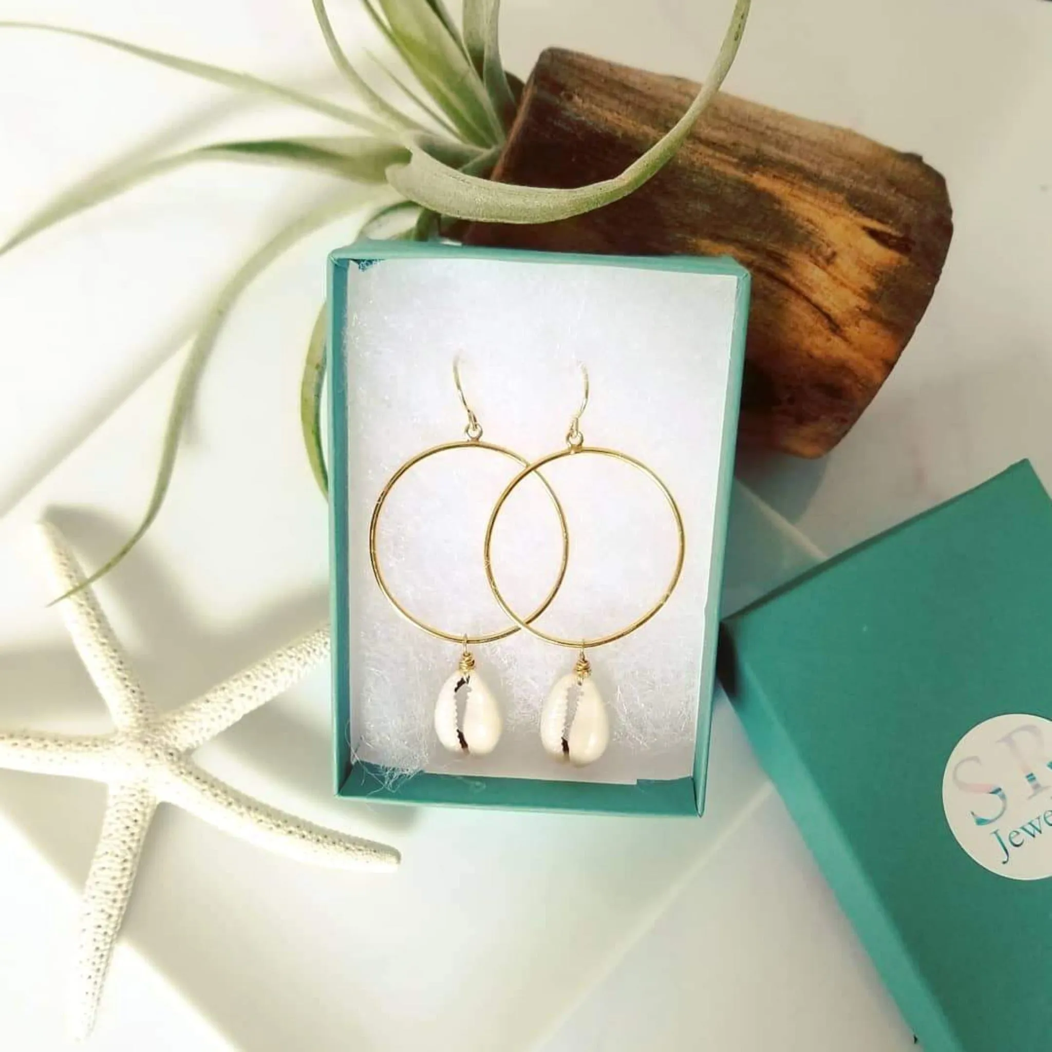 Drop Hoop Shell Charm Earrings - Sterling or Gold