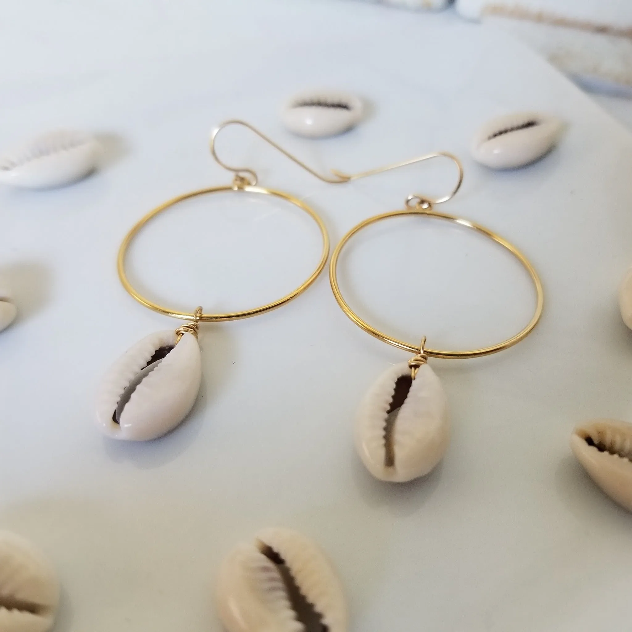 Drop Hoop Shell Charm Earrings - Sterling or Gold