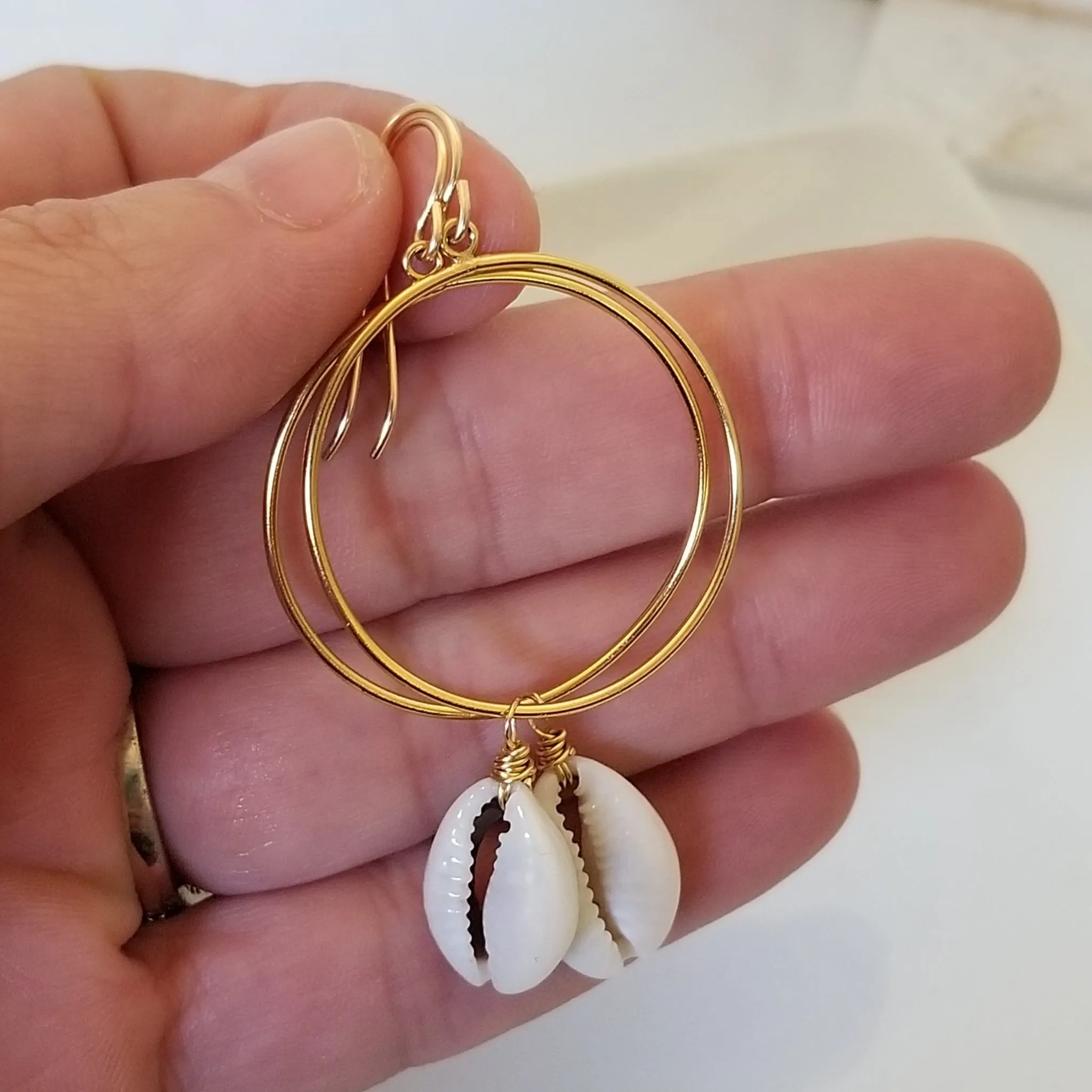 Drop Hoop Shell Charm Earrings - Sterling or Gold