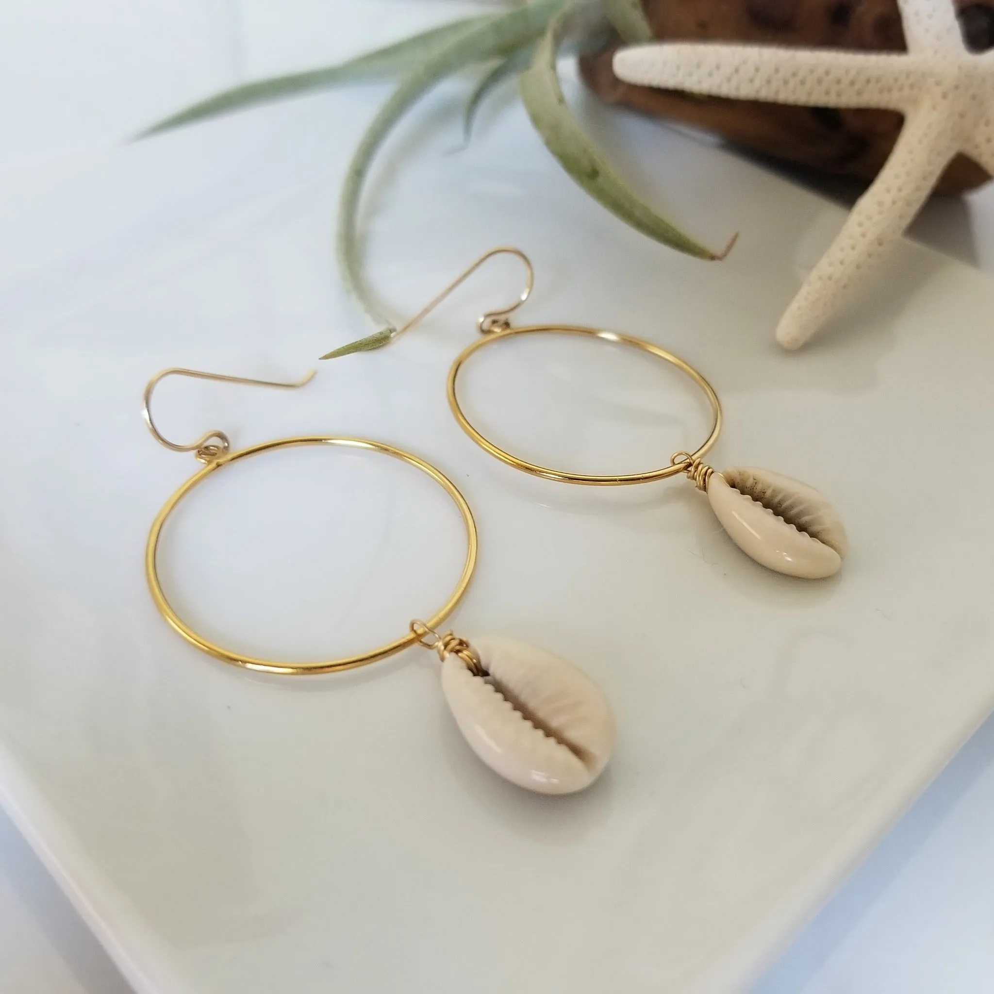 Drop Hoop Shell Charm Earrings - Sterling or Gold