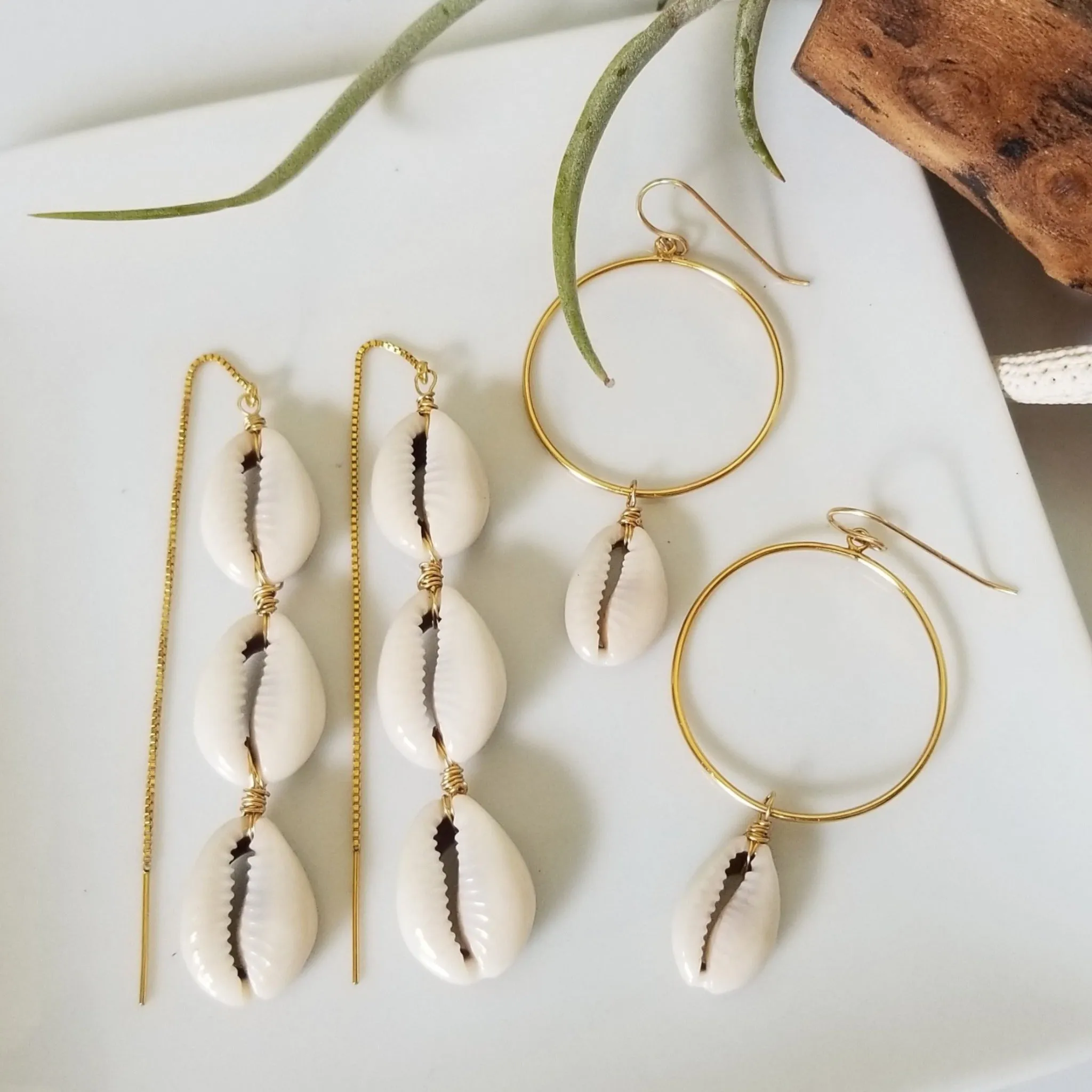 Drop Hoop Shell Charm Earrings - Sterling or Gold