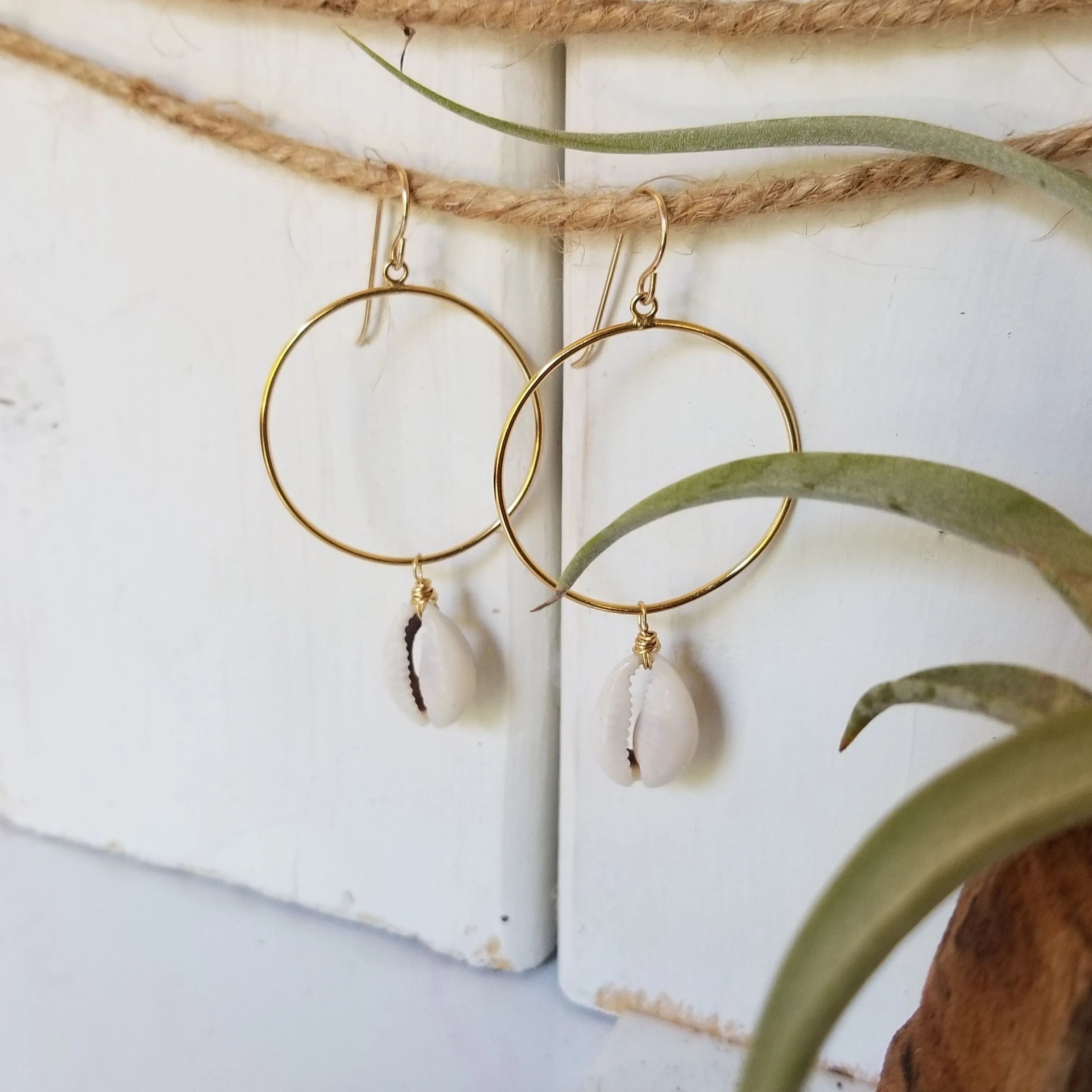 Drop Hoop Shell Charm Earrings - Sterling or Gold