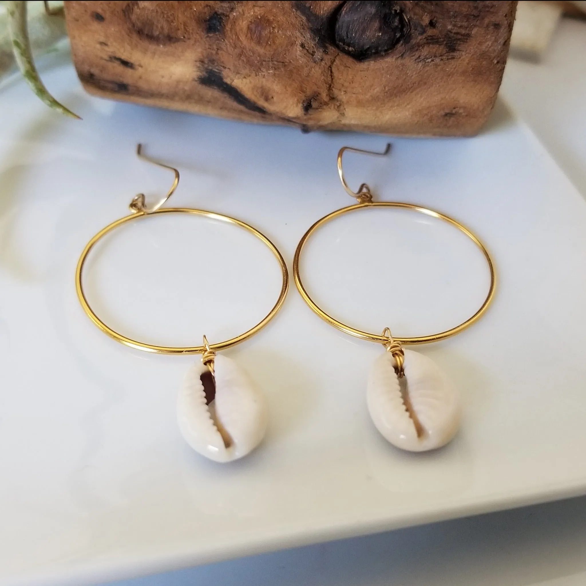 Drop Hoop Shell Charm Earrings - Sterling or Gold