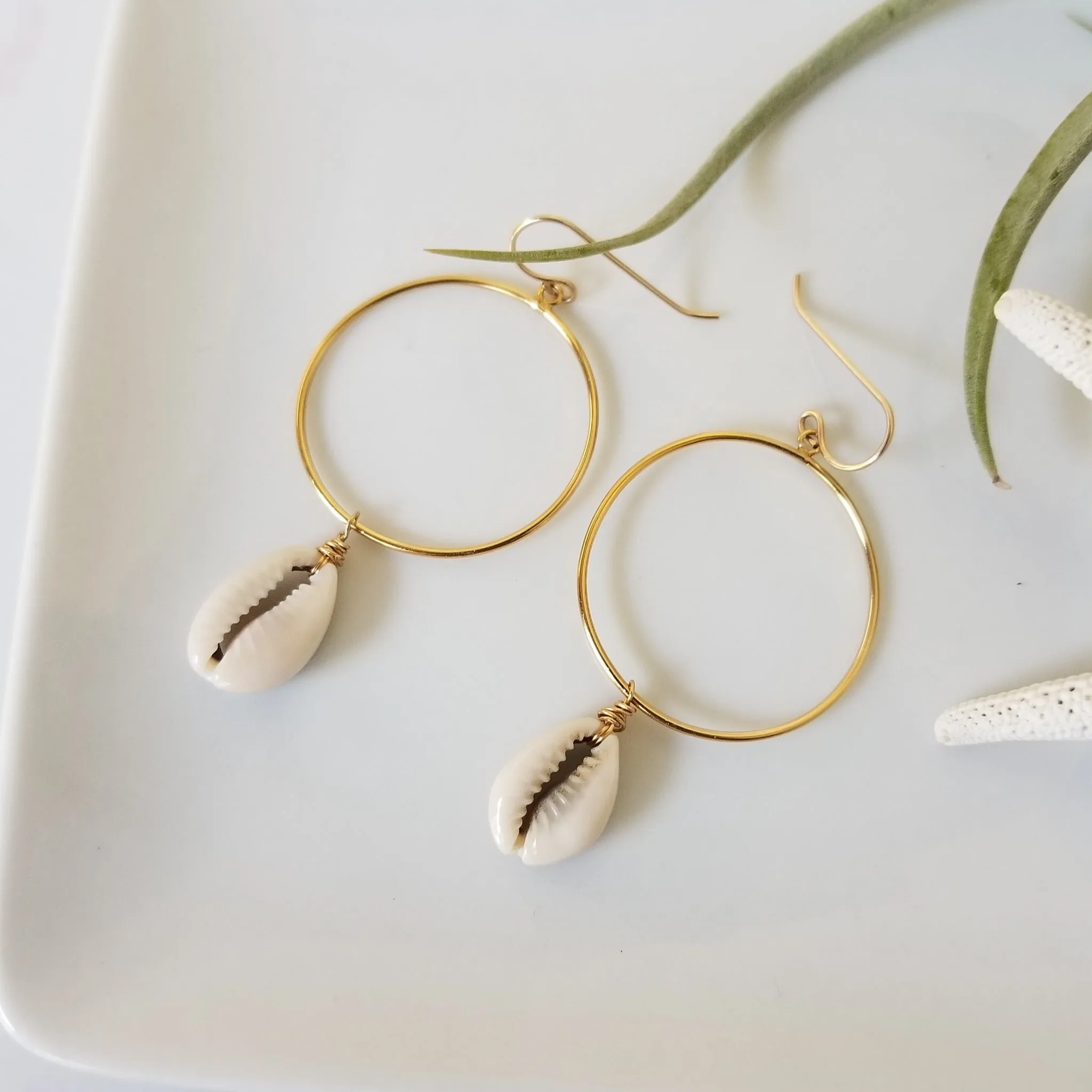Drop Hoop Shell Charm Earrings - Sterling or Gold