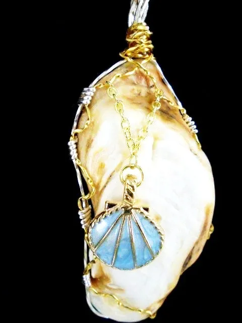 Elongated White & Brown Oyster Shell Handmade Pendant with Turquoise Seashell Charm, Gold & Silver Wire Wrap, Gold Tone Necklace