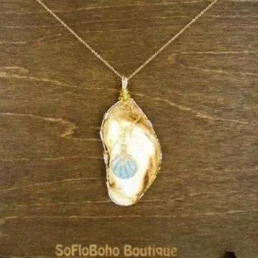 Elongated White & Brown Oyster Shell Handmade Pendant with Turquoise Seashell Charm, Gold & Silver Wire Wrap, Gold Tone Necklace