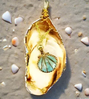 Elongated White & Brown Oyster Shell Handmade Pendant with Turquoise Seashell Charm, Gold & Silver Wire Wrap, Gold Tone Necklace