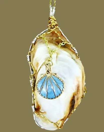 Elongated White & Brown Oyster Shell Handmade Pendant with Turquoise Seashell Charm, Gold & Silver Wire Wrap, Gold Tone Necklace