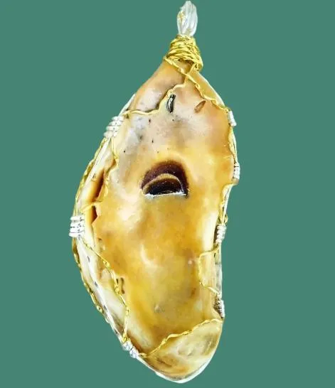 Elongated White & Brown Oyster Shell Handmade Pendant with Turquoise Seashell Charm, Gold & Silver Wire Wrap, Gold Tone Necklace