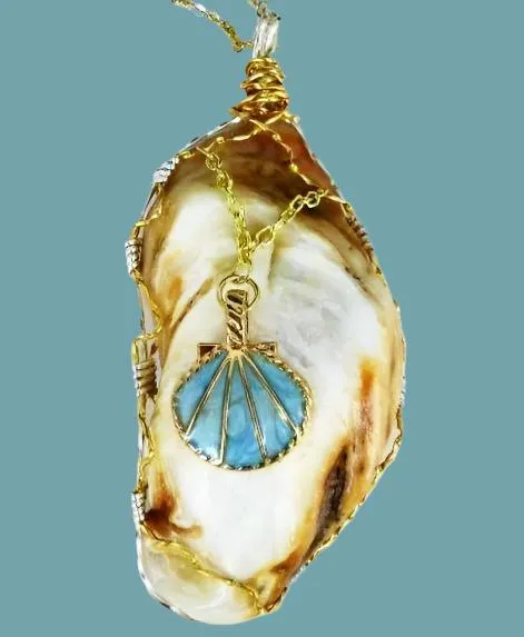 Elongated White & Brown Oyster Shell Handmade Pendant with Turquoise Seashell Charm, Gold & Silver Wire Wrap, Gold Tone Necklace