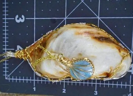 Elongated White & Brown Oyster Shell Handmade Pendant with Turquoise Seashell Charm, Gold & Silver Wire Wrap, Gold Tone Necklace