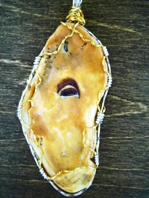 Elongated White & Brown Oyster Shell Handmade Pendant with Turquoise Seashell Charm, Gold & Silver Wire Wrap, Gold Tone Necklace