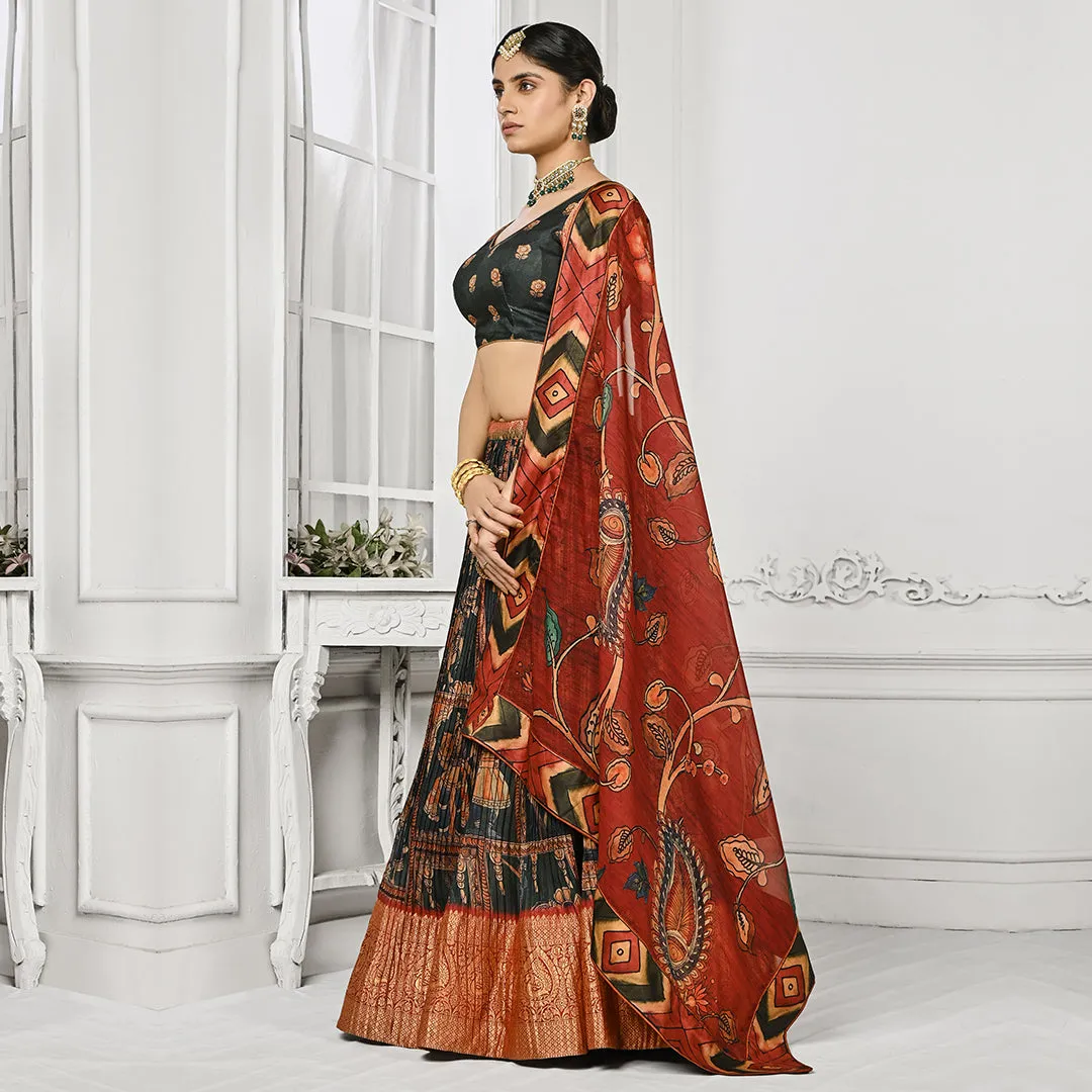 Emarald Green and Red Brocade Lehenga Set with Floral Dupatta